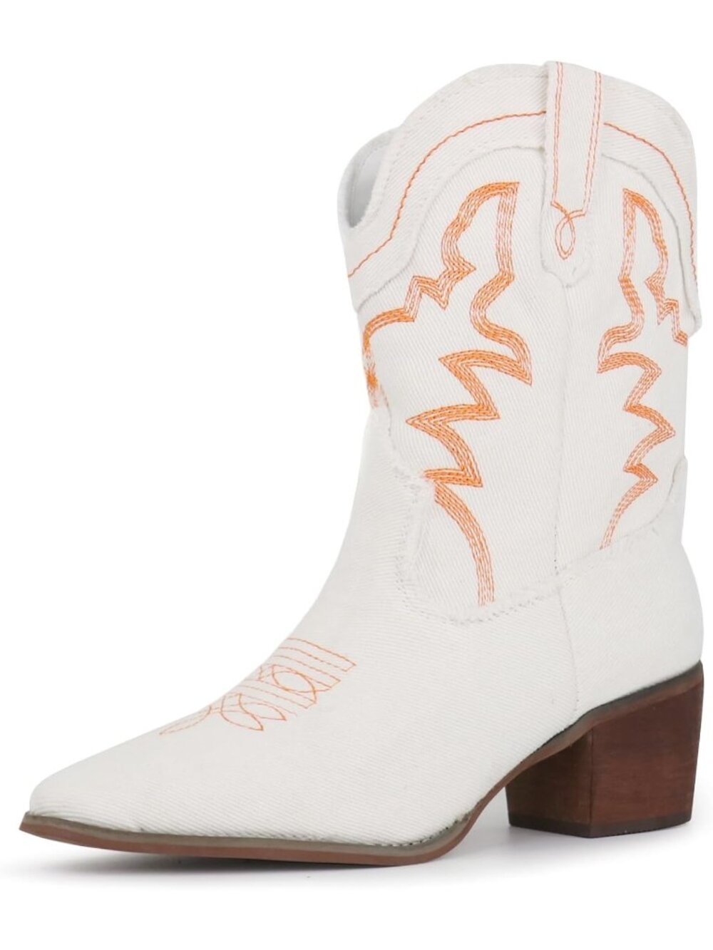 Women’s White Embroidered Western Ankle Booties Pointed Toe Chunky Block Heel